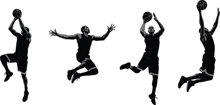 Dynamic black silhouettes of basketball player in action, shooting and dunking, isolated vector set for sports logo or banner design. - Powered by Adobe