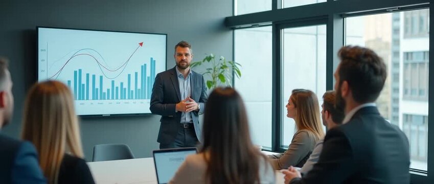 Business presentation in modern office setting; speaker gestures confidently while camera slowly pans, capturing attentive audience and dynamic bar graph; cinematic and professional.