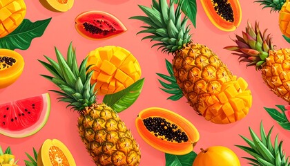 A vibrant, colorful digital illustration featuring a tropical fruit pattern on a light red background