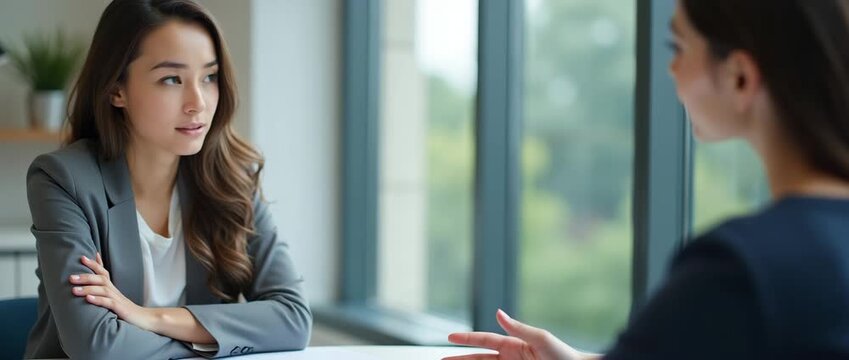 Professional interview discussion in modern office, cinematic style; subject engaged in conversation as camera gently pans, natural light flickers through windows, creating dynamic ambiance.
