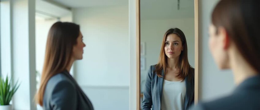 Confident woman in business attire gazes thoughtfully into a mirror, her reflection framed by soft morning light; the camera gently pans, creating a serene, cinematic office atmosphere.