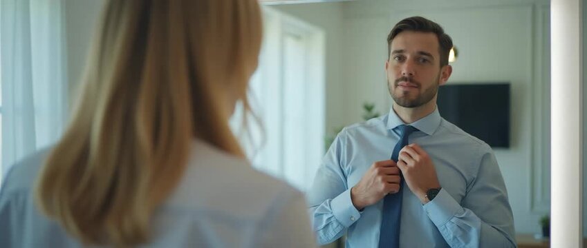 Professional man smiling at mirror, adjusting his tie in a modern office setting; camera slowly pans, capturing gentle ambient lighting shifts, creating a cinematic, confident atmosphere.