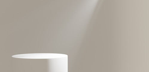 スポットライトに当たった白い円柱の台座。背景素材。コピースペース。3D（横長）