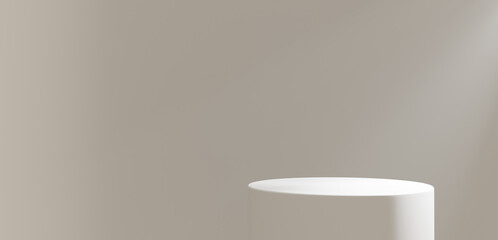 3D Illustration.A white cylindrical pedestal illuminated by a spotlight. Background material.Copy space. (Horizontal)