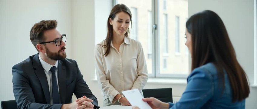 Professional business meeting in modern office, participants engaged in animated discussion, camera slowly pans across, digital charts subtly animate in the background, cinematic style.