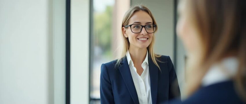 Professional woman smiling confidently in a modern office setting, with a slow pan capturing her engaging in a positive conversation; cinematic style with natural light softly illuminating the scene.