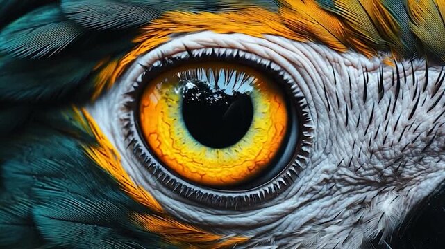 Close-up Macro Eye of a Blue and Gold Macaw Parrot.