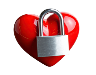 Shiny red heart with a silver padlock, isolated on black