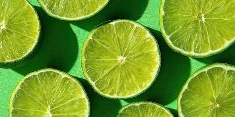 Close Up Slices of Lime Fruit Sparkling Over a Glittering Green Surface a Refreshing and Vibrant Still Life