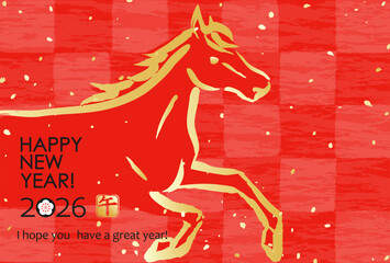 日本の2026年賀状　和紙風市松模様に馬