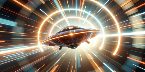 Futuristic spaceship traveling through a vibrant light tunnel.