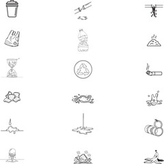 Environmental Pollution Icons: A comprehensive set of line icons illustrating various forms of environmental pollution. Ideal for educational materials and infographics.