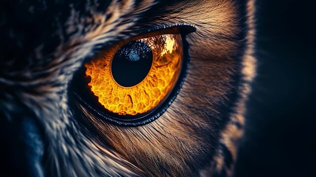 Close-up Macro Shot of an Owls Intense Orange Eye.