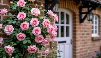 Obraz premium Vibrant roses adorn a charming brick wall and door.