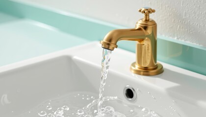 Elegant gold faucet with flowing water in a modern sink.