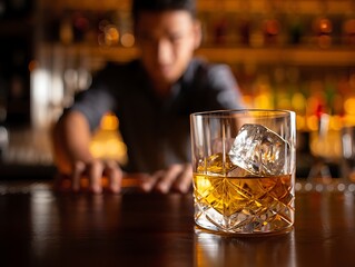 Whiskey on the rocks at a dimly lit bar counter