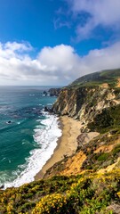 Cliffside beach landscape with vibrant yellow flowers and ocean views under a partly cloudy, bright blue sky