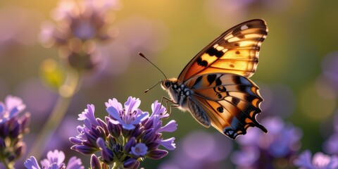 Butterfly resting on purple flowers in a soft, dreamy background.