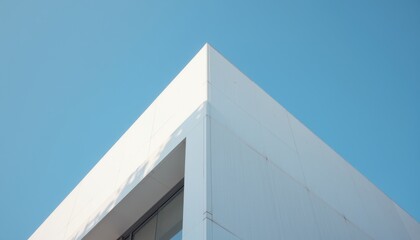 Modern building corner against a clear blue sky.