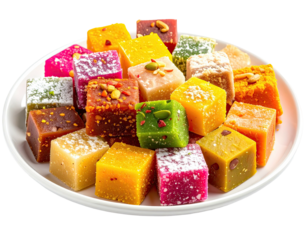 Colorful array of cubed sweets arranged on a white plate; delicious dessert