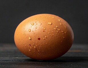 Close-up of a single brown egg with water droplets on a dark surface.