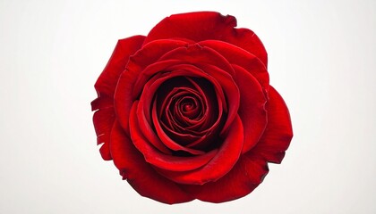 Close-up of a vibrant red rose in full bloom against a clean white background, showcasing intricate petal details.