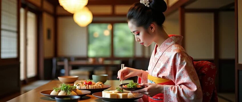 Elegant woman in traditional kimono enjoys fine dining in serene Japanese setting; camera gently pans, capturing ambient light flicker and subtle dish arrangement, cinematic style.