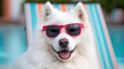 A cheerful Samoyed dog wearing pink sunglasses relaxes by a pool, embodying a fun and carefree summer vibe.