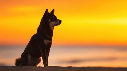 A silhouette of a dog against a vibrant sunset, capturing a serene moment on the beach.
