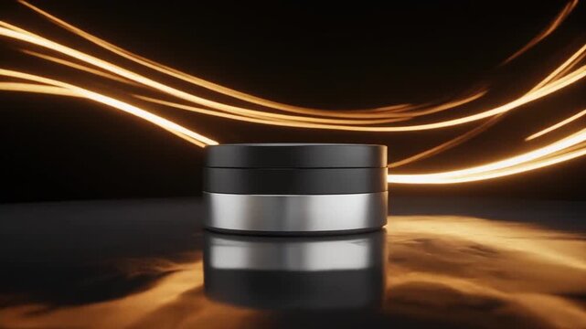cosmetic case rotating on glossy surface with orange neon light on dark background