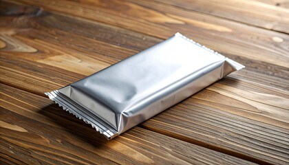 Foil-wrapped package on textured wood surface, lit naturally