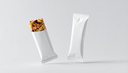 Two protein bars, one partially unwrapped, on a clean, white background