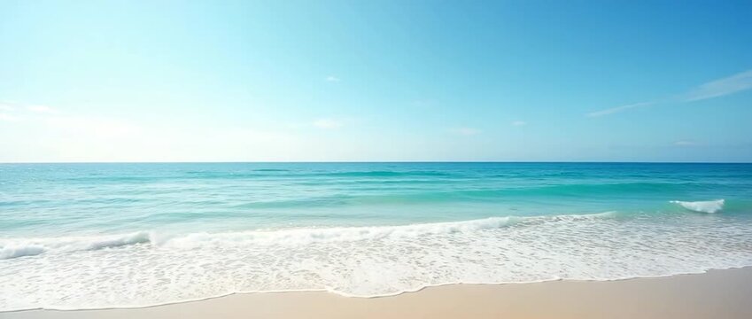 Serene waves gently roll onto a sunlit beach as the camera smoothly pans across the tranquil coastline, capturing the cinematic beauty of a peaceful ocean horizon under a clear blue sky.