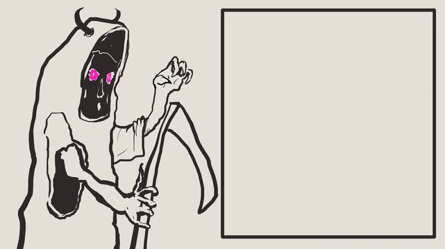 A cartoonish horned Death with a scythe and clawed hands is telling or saying something to the viewer.