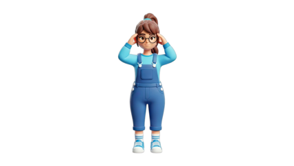 3D Cartoon Woman Thinking with Glasses on White
