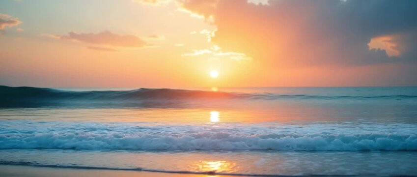 Serene waves gently crash on a tranquil beach at sunrise, as the camera smoothly pans across the horizon, capturing the vibrant, cinematic beauty of the ocean and sky in harmonious motion.