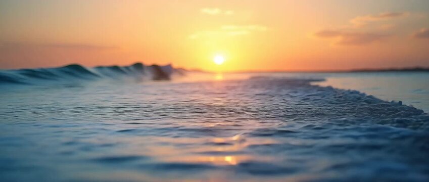 Golden sunset waves gently roll to shore as the camera steadily pans across the tranquil ocean horizon, capturing the serene beauty of a cinematic seascape.