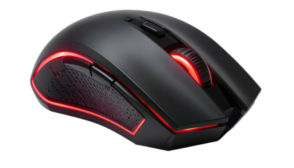 Ergonomic, dark grey computer mouse with illuminated red accents, on black