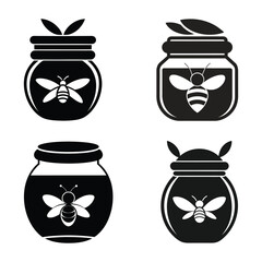 Honey Jar with Bee Silhouette Icons Black Vector Set White Background