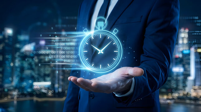 Businessman presenting digital clock with coding interface in modern cityscape - Powered by Adobe