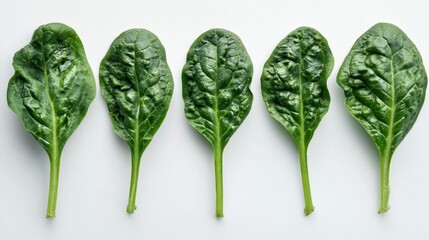 Close-up of five fresh, vibrant green spinach leaves, arranged on a clean white backdrop with textured surfaces