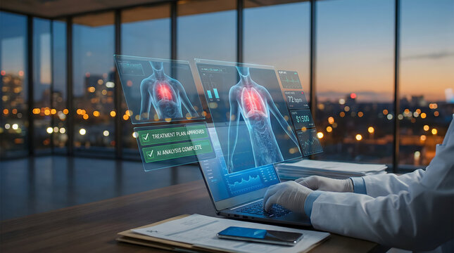 Doctor analyzing patient data on futuristic holographic screen in modern office - Powered by Adobe
