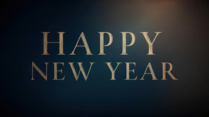 Obraz premium Elegant golden happy new year text overlay on dark moody background with subtle bokeh lights