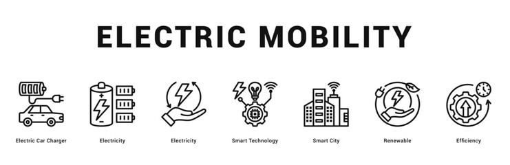 Electric Mobility Modern and clean web banner illustration featuring thematic icons for visual communication