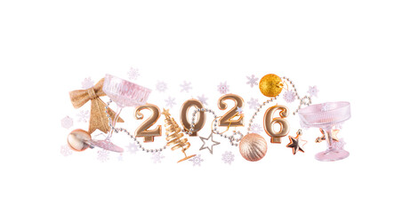 2026 New Year Luxury Celebration Decor with Gold Numbers and Champagne Glass