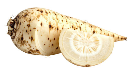 Fresh, peeled root vegetable with a slice, showing cross-section detail