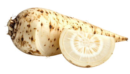Fresh, peeled root vegetable with a slice, showing cross-section detail