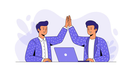 Two businessmen high fiving in modern office with laptop