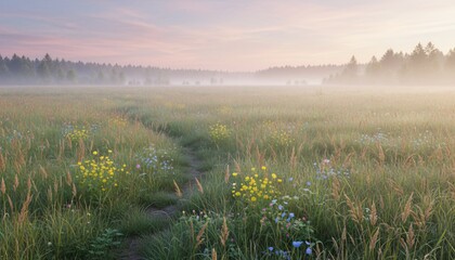 Serene landscape of a misty meadow with a winding path, wildflowers, and trees in the background at sunrise or sunset.