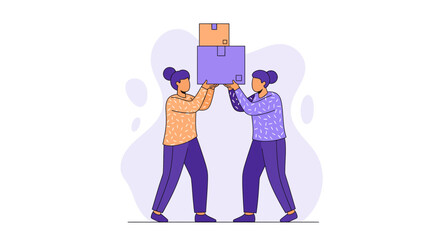 Two colleagues working together to move heavy boxes in office